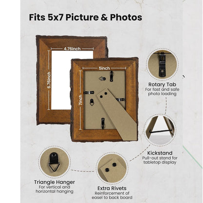 Rustic 5x7 Picture Frame|Natural Solid Wood 5 x 7 Photo Frame with Live Bark Edges|Tempered Glass